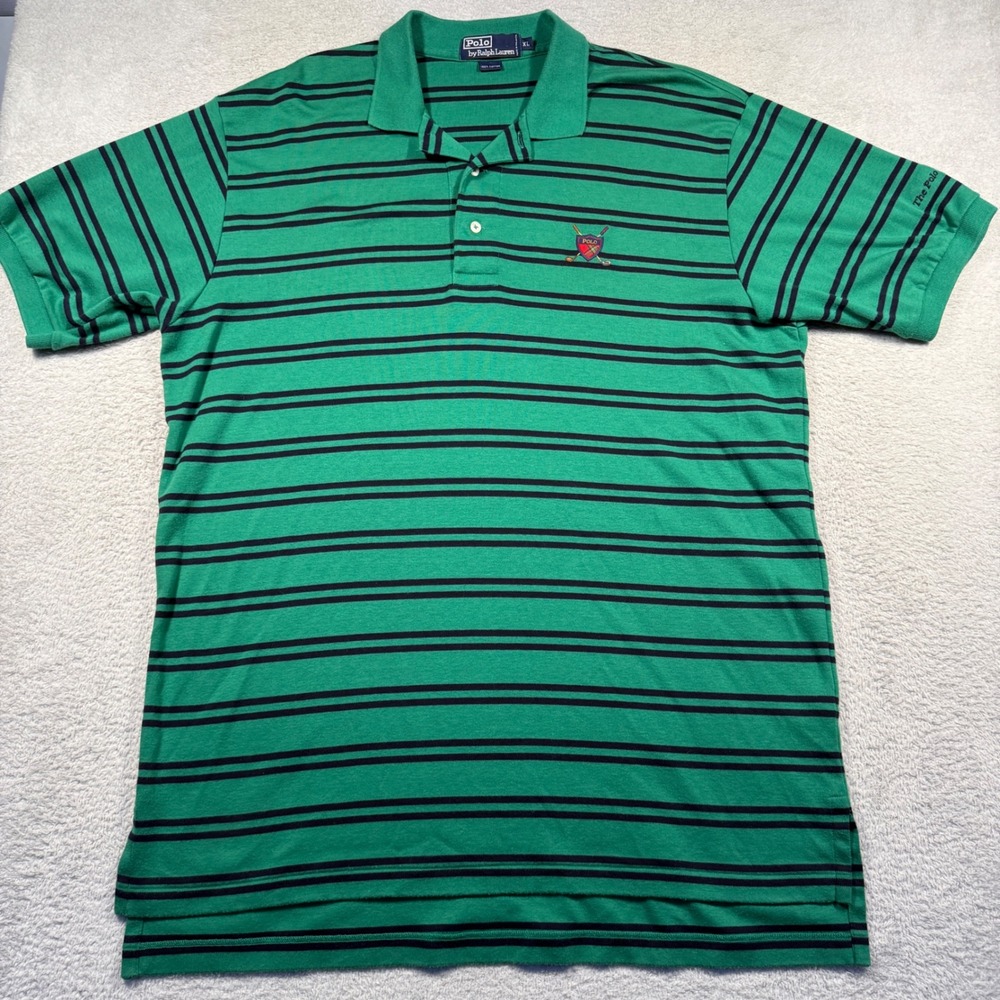 Vintage 90s Polo Ralph Lauren XL‎ Green Striped Golf Crest Shirt The Polo Field